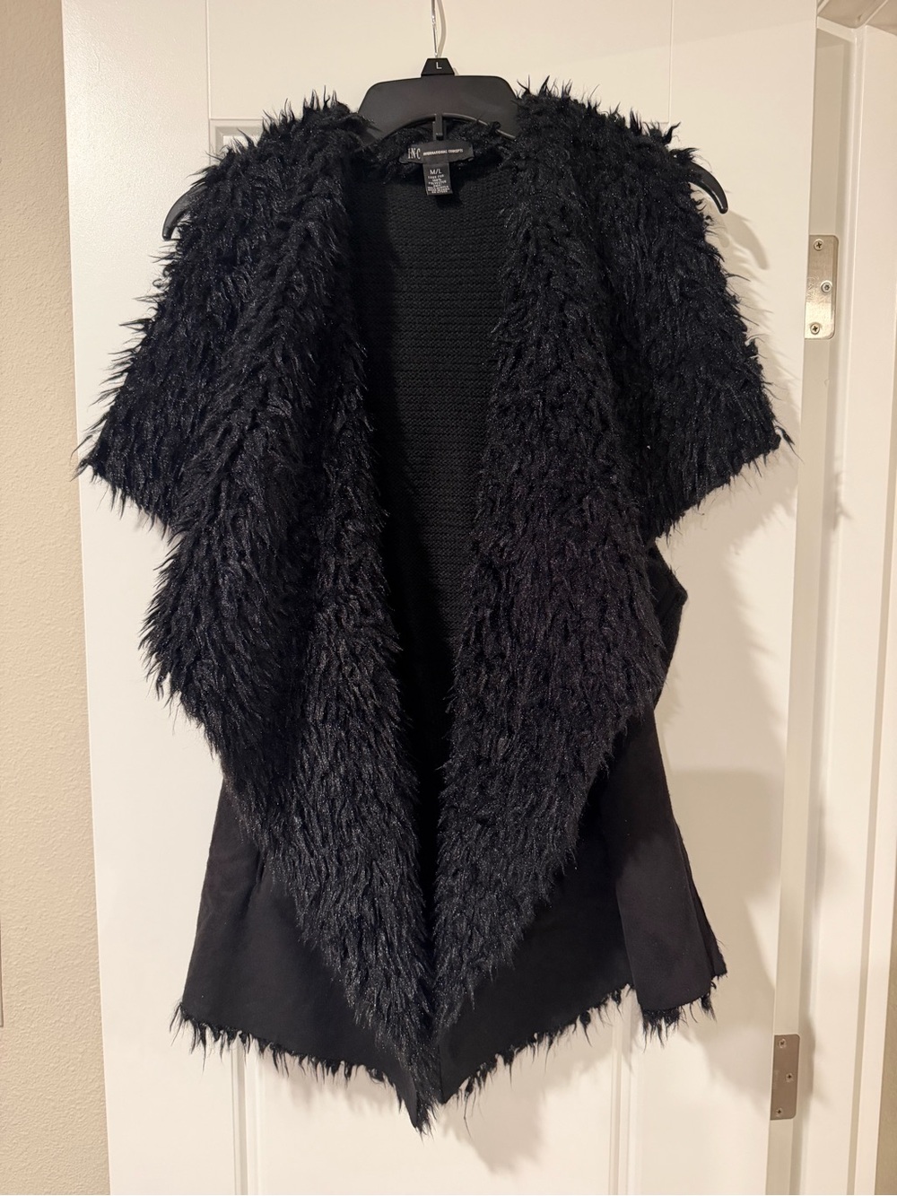 INC International Concepts Black Faux Fur Draped Vest